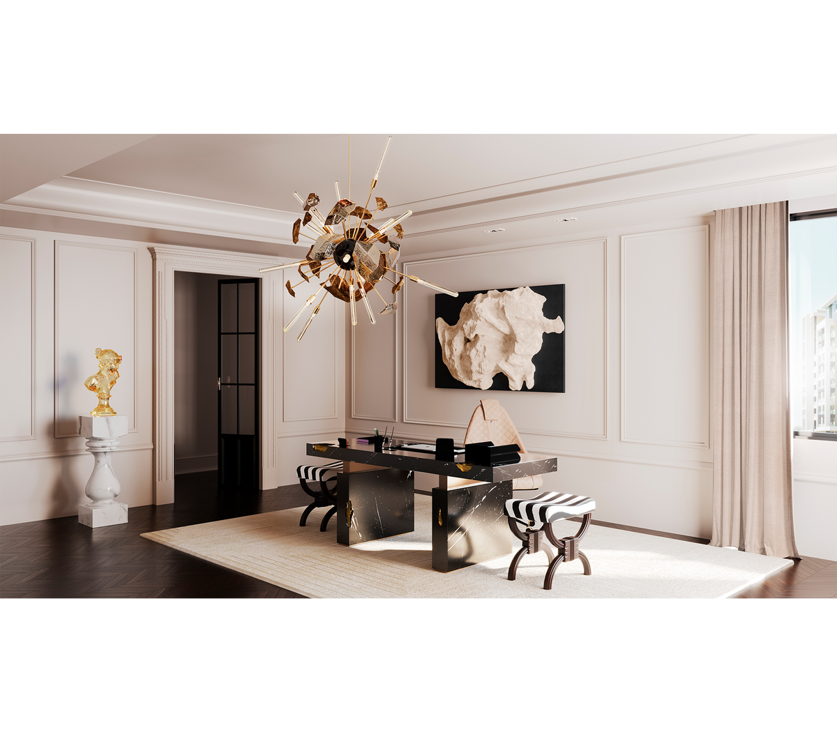 Empire Cracked Brass Inlay Marble Luxury Desk