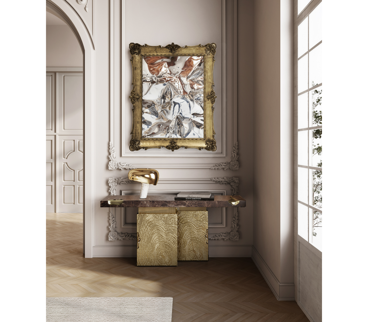 Empire Consoles Hammered Gilded Brass Entryways Cabinet Table