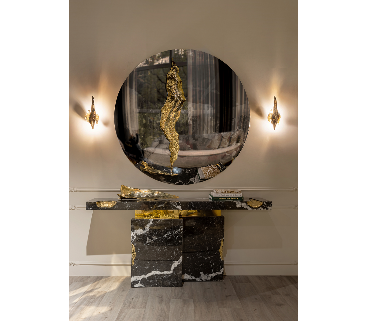 Empire Consoles Hammered Gilded Brass Entryways Cabinet Table