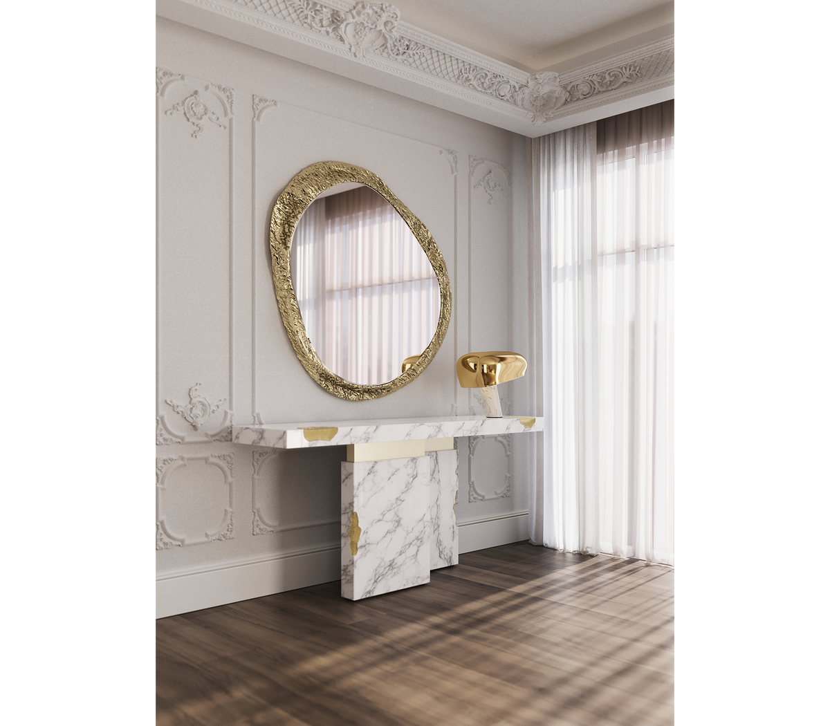 Empire Consoles Hammered Gilded Brass Entryways Cabinet Table