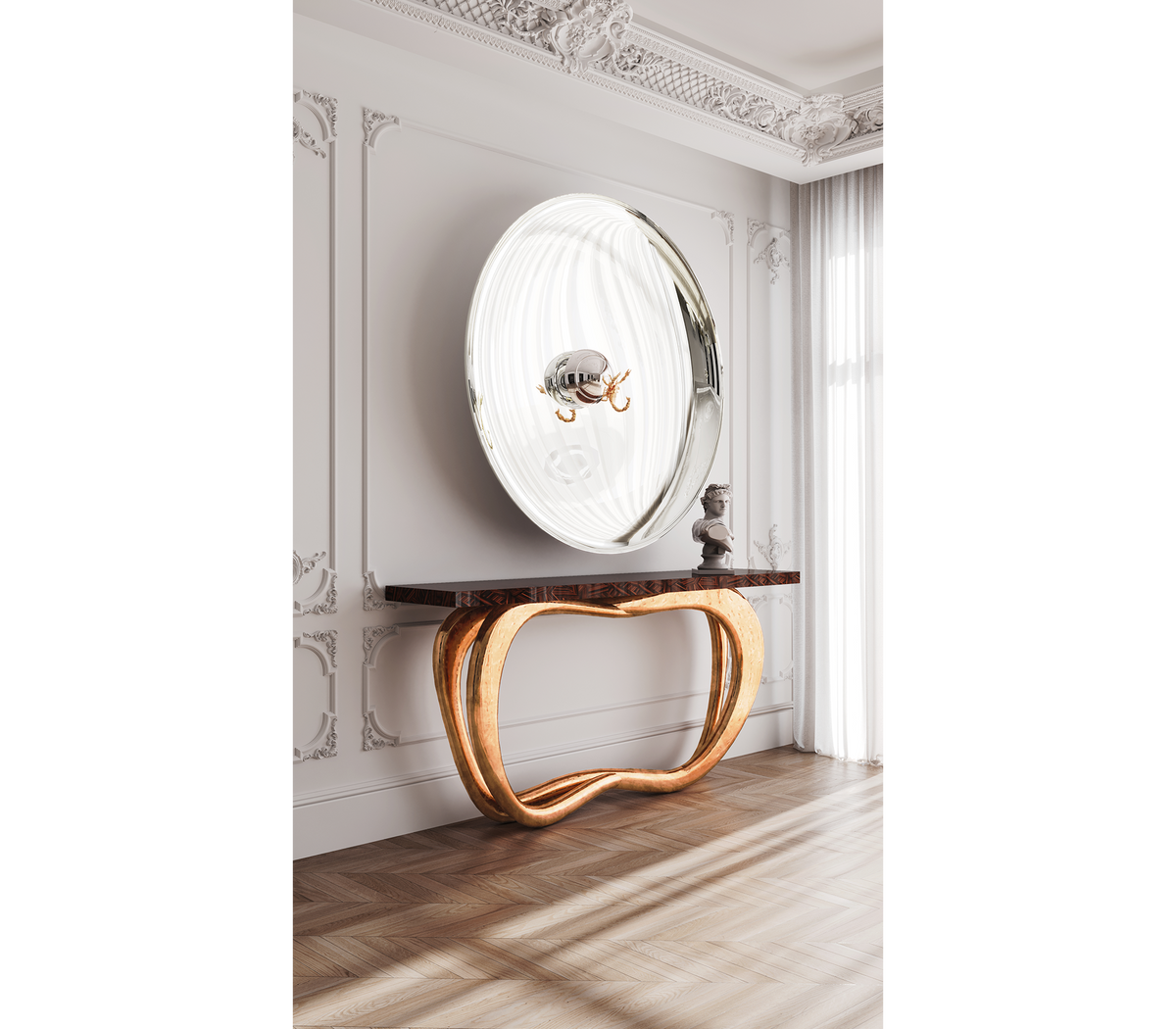 Infinity Consoles Curved Copper Leaf Entryways Cabinet Table
