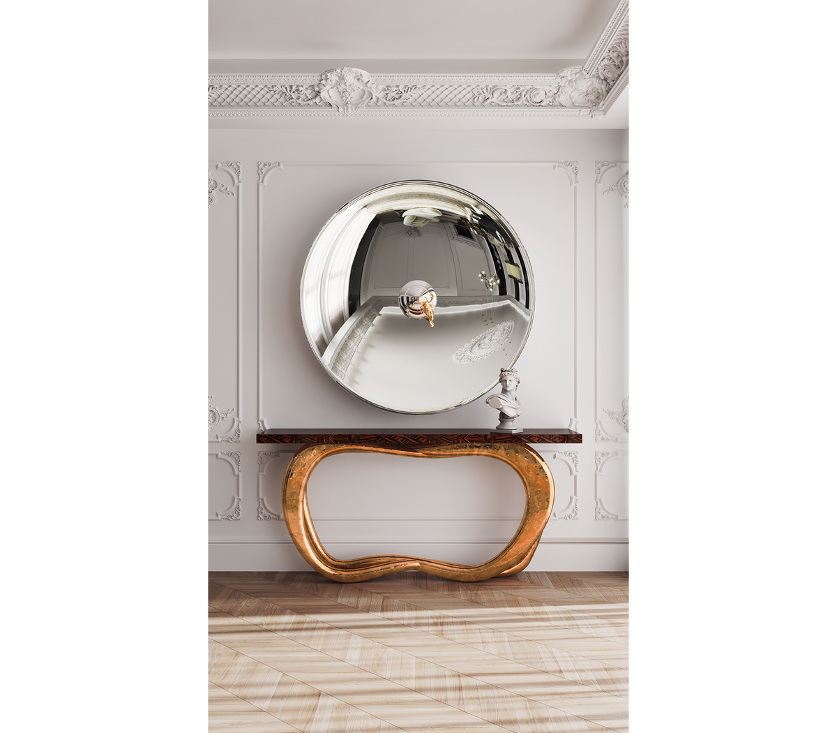Infinity Consoles Curved Copper Leaf Entryways Cabinet Table