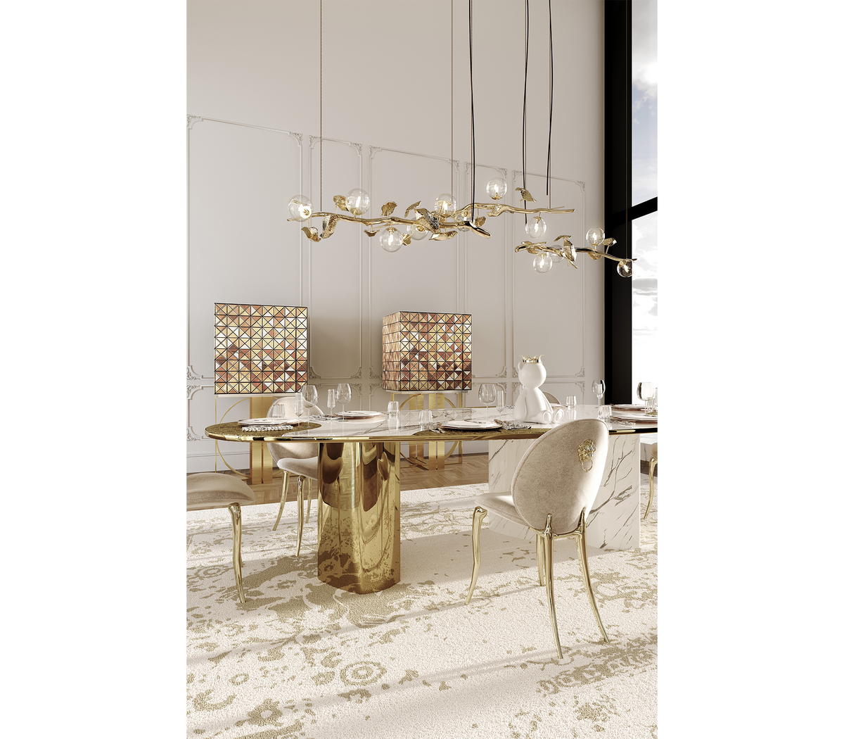 Ophelia Oval Carrara Marble & Gold Dining Table