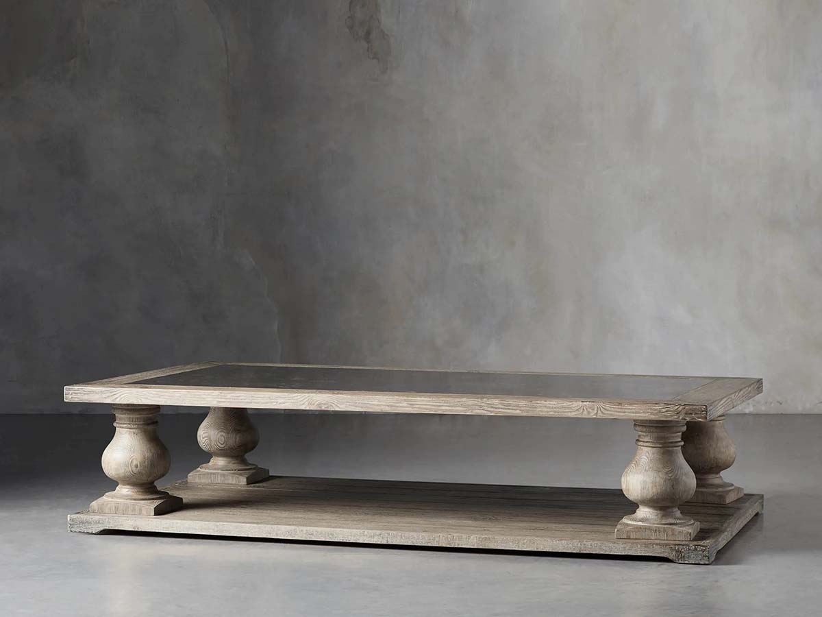 Table basse Hudson Pine avec bois de pin massif et incrustation de pierre bleue, table de centre de salon de style rétro, table de cocktail.