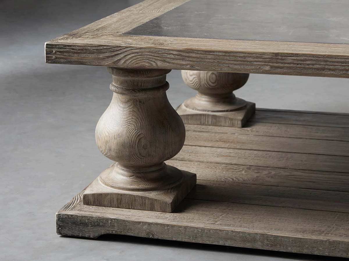 Table basse Hudson Pine avec bois de pin massif et incrustation de pierre bleue, table de centre de salon de style rétro, table de cocktail.