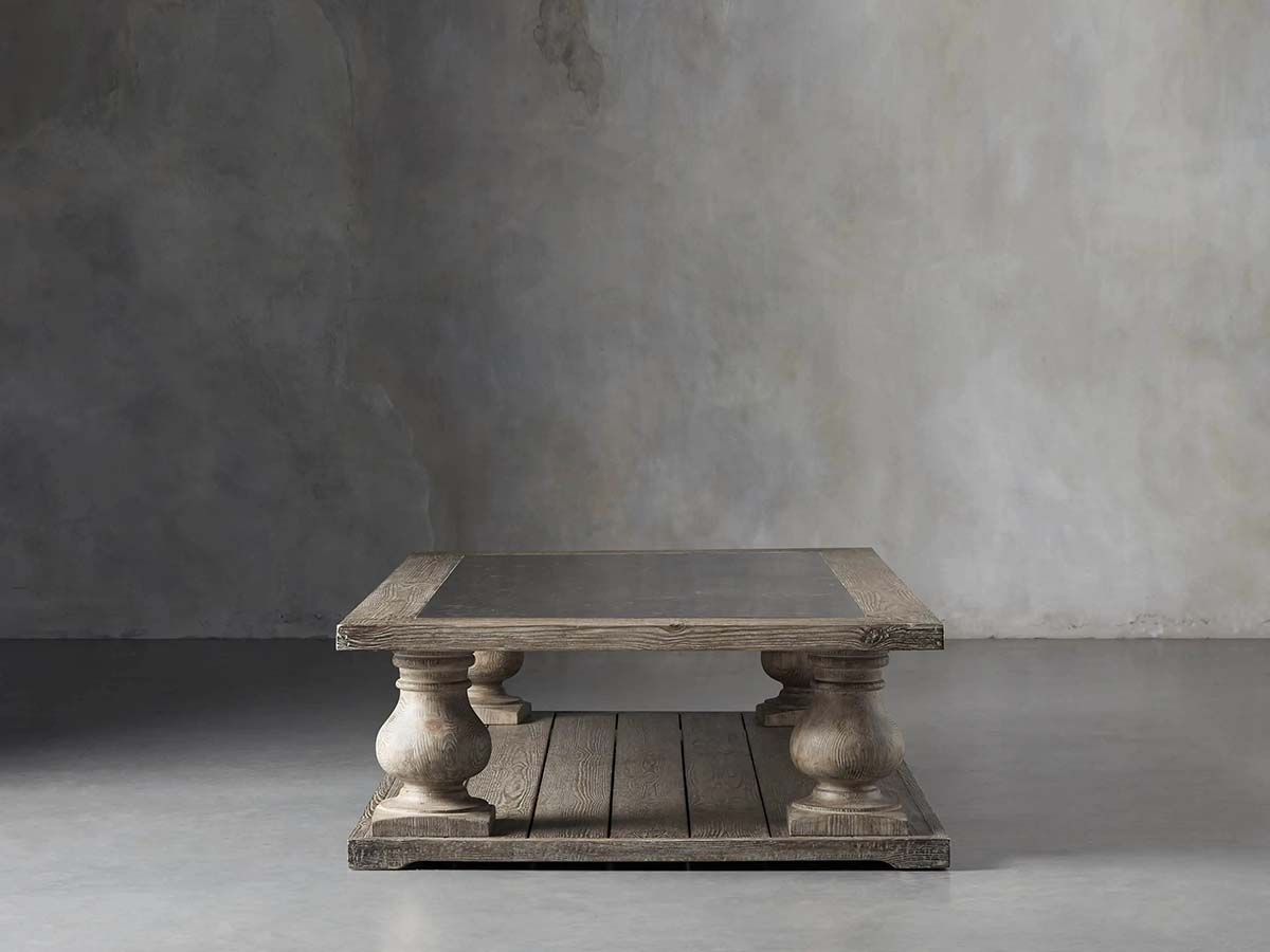 Table basse Hudson Pine avec bois de pin massif et incrustation de pierre bleue, table de centre de salon de style rétro, table de cocktail.