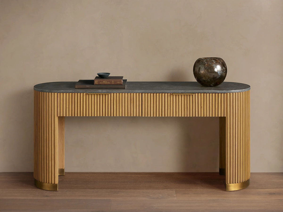 Finnley Stone Top Storage Console Table Solid Wood Hallway Entryway Table Entrance Cabinet with Drawers