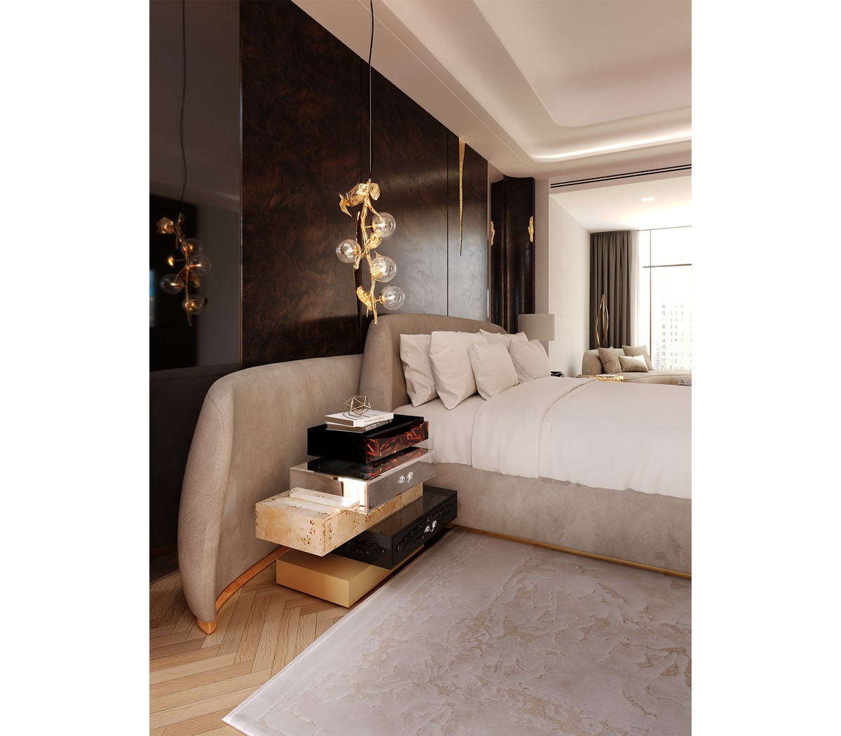 Odette Curved Velvet Polished Brass Luxury King Bed