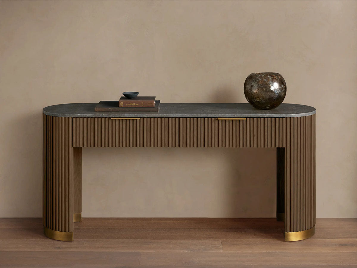 Finnley Stone Top Storage Console Table Solid Wood Hallway Entryway Table Entrance Cabinet with Drawers