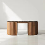 Commode Raliton en bois à deux tiroirs, bureau Emperador avec plateau en marbre et piètement en chêne