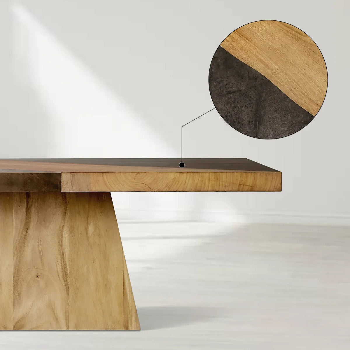 Almeria Sustainable Guanacaste Wood Dining Table Rectangle Oxidized Steel Dining Table