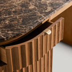 Commode Raliton en bois à deux tiroirs, bureau Emperador avec plateau en marbre et piètement en chêne