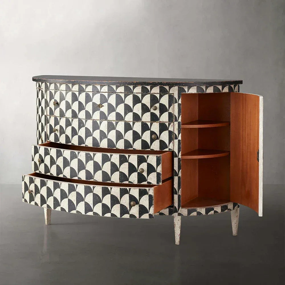 Buffet/meuble de rangement moderne en bois de peuplier Andretta, orné de motifs géométriques noirs et blancs