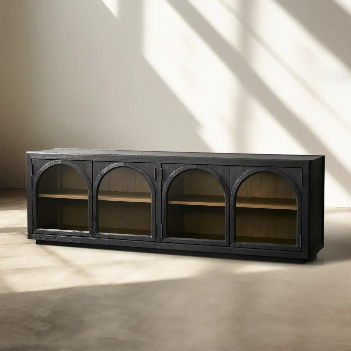 Hattie Solid Oak Media Console TV Stand with Arched Cabinet Design