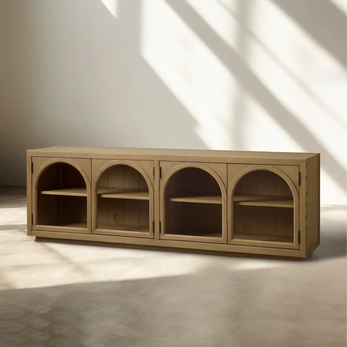 Hattie Solid Oak Media Console TV Stand with Arched Cabinet Design