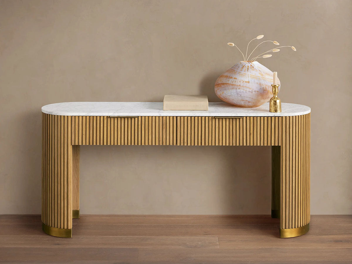 Finnley Stone Top Storage Console Table Solid Wood Hallway Entryway Table Entrance Cabinet with Drawers