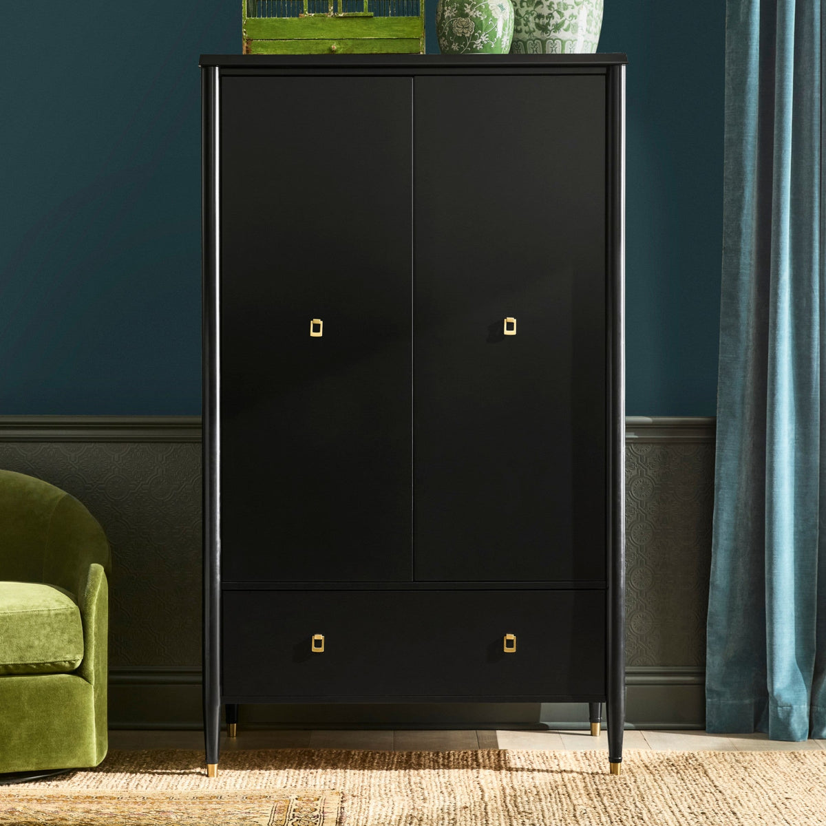 Armoire de chambre française Lavenir, noire brillante, meuble d'entrée avec tiroir