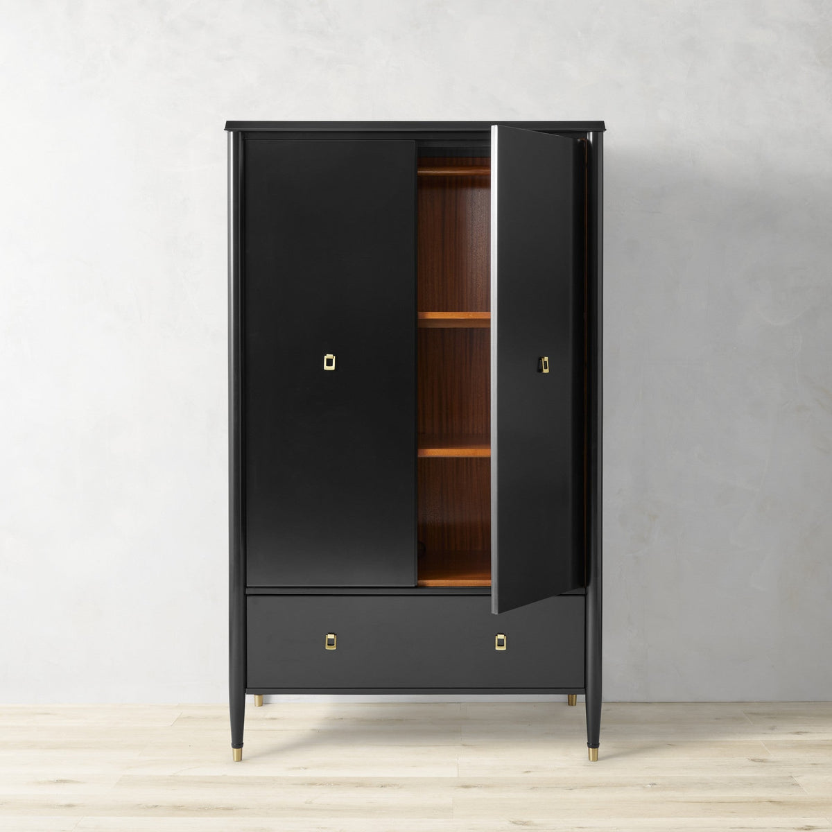 Armoire de chambre française Lavenir, noire brillante, meuble d'entrée avec tiroir