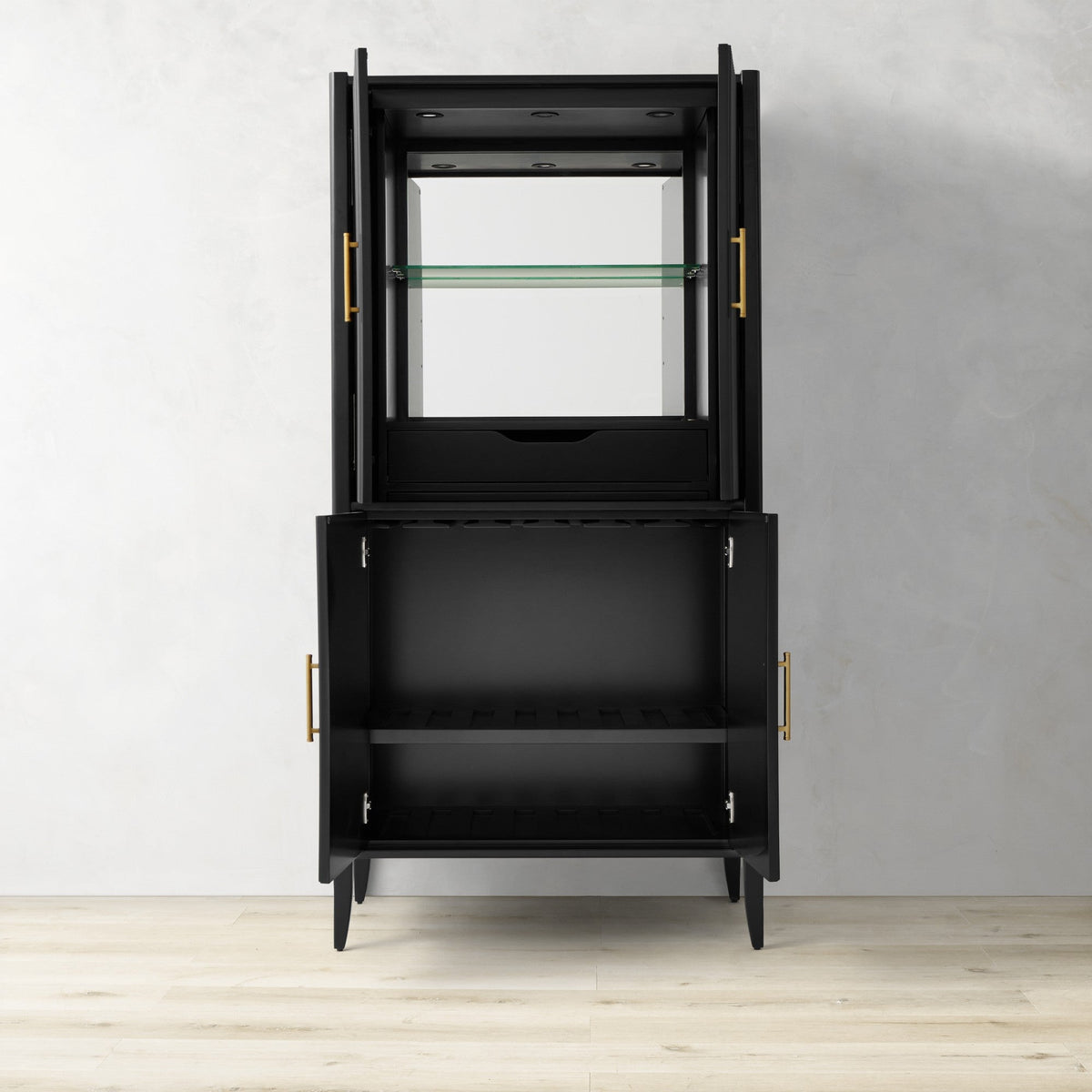 Meuble bar Louis Wood, armoire à vin, buffet d'inspiration constructiviste, porte-verres intégré
