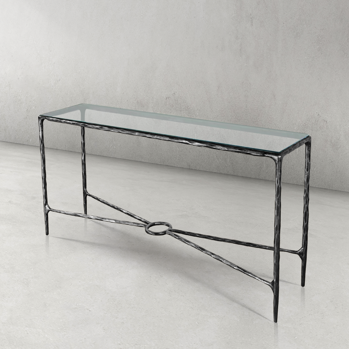 Thaddeus Metal Rectangle Glass Console Table Hand-Forged Style O & X Entryways Entrance Table