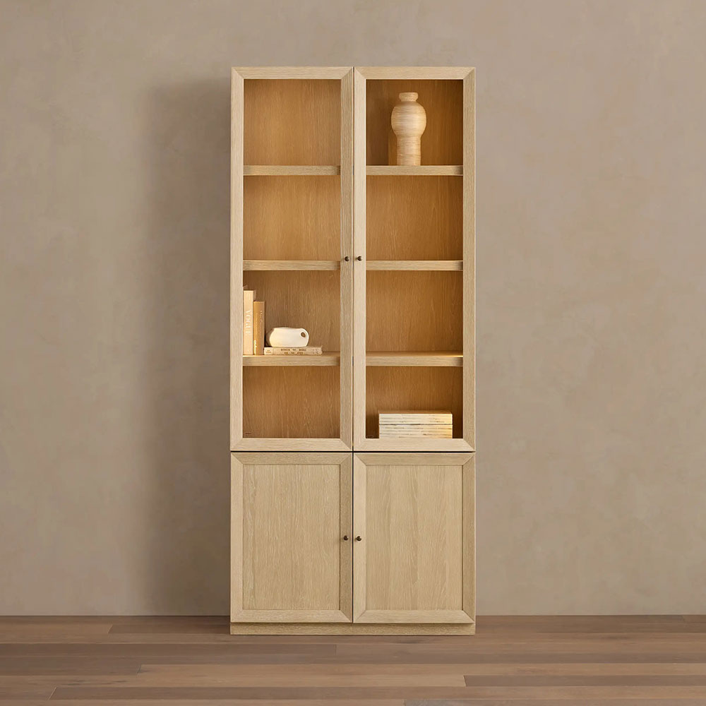 Nason Modular Glass Display Cabinets Oak Wood Tall Cabinets Large Bookcase with Integrated LED Lighting Modern Minimalist Style
