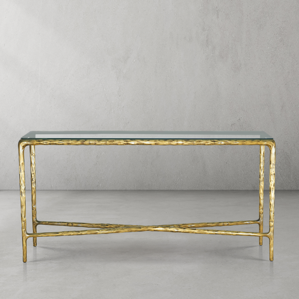 Thaddeus Metal Rectangle Glass Console Table Hand-Forged Style O & X Entryways Entrance Table