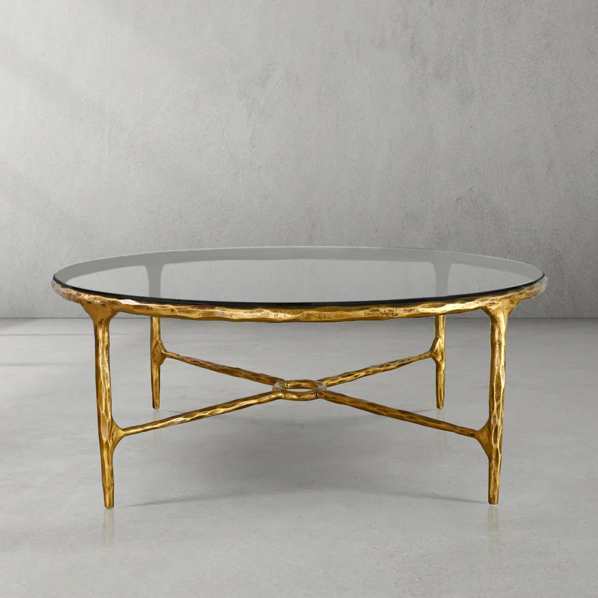 Thaddeus Metal Glass Round Coffee Table Hand-Forged Style O & X Living Sofa Center Tea Table