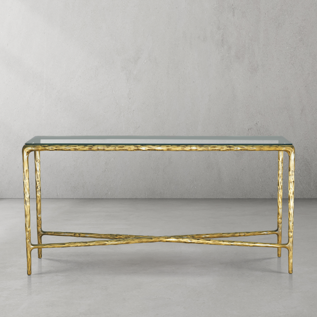 Thaddeus Metal Rectangle Glass Console Table Hand-Forged Style O & X Entryways Entrance Table
