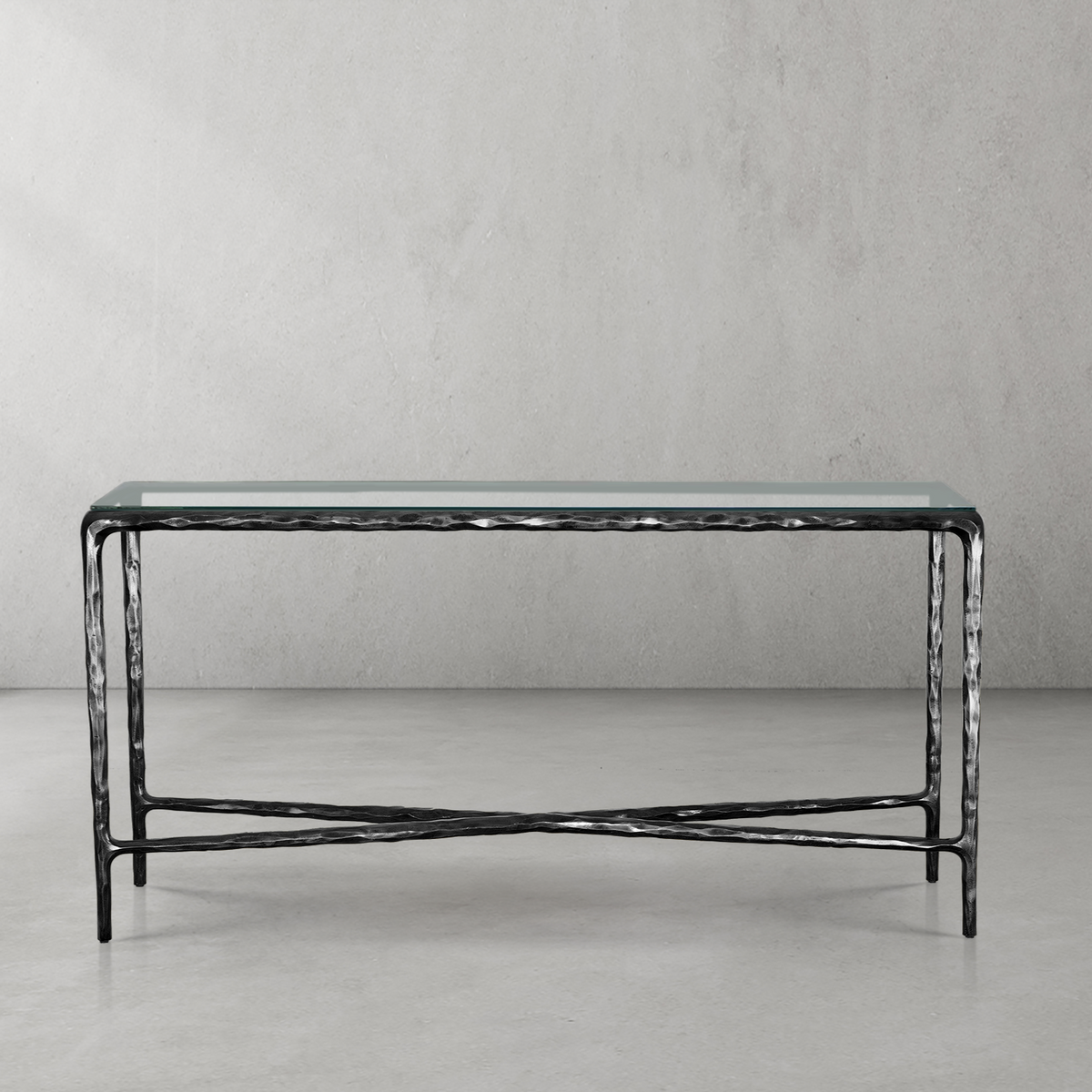 Thaddeus Metal Rectangle Glass Console Table Hand-Forged Style O & X Entryways Entrance Table
