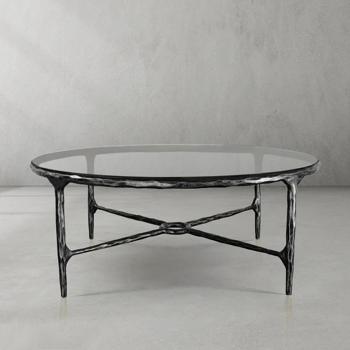 Thaddeus Metal Glass Round Coffee Table Hand-Forged Style O & X Living Sofa Center Tea Table