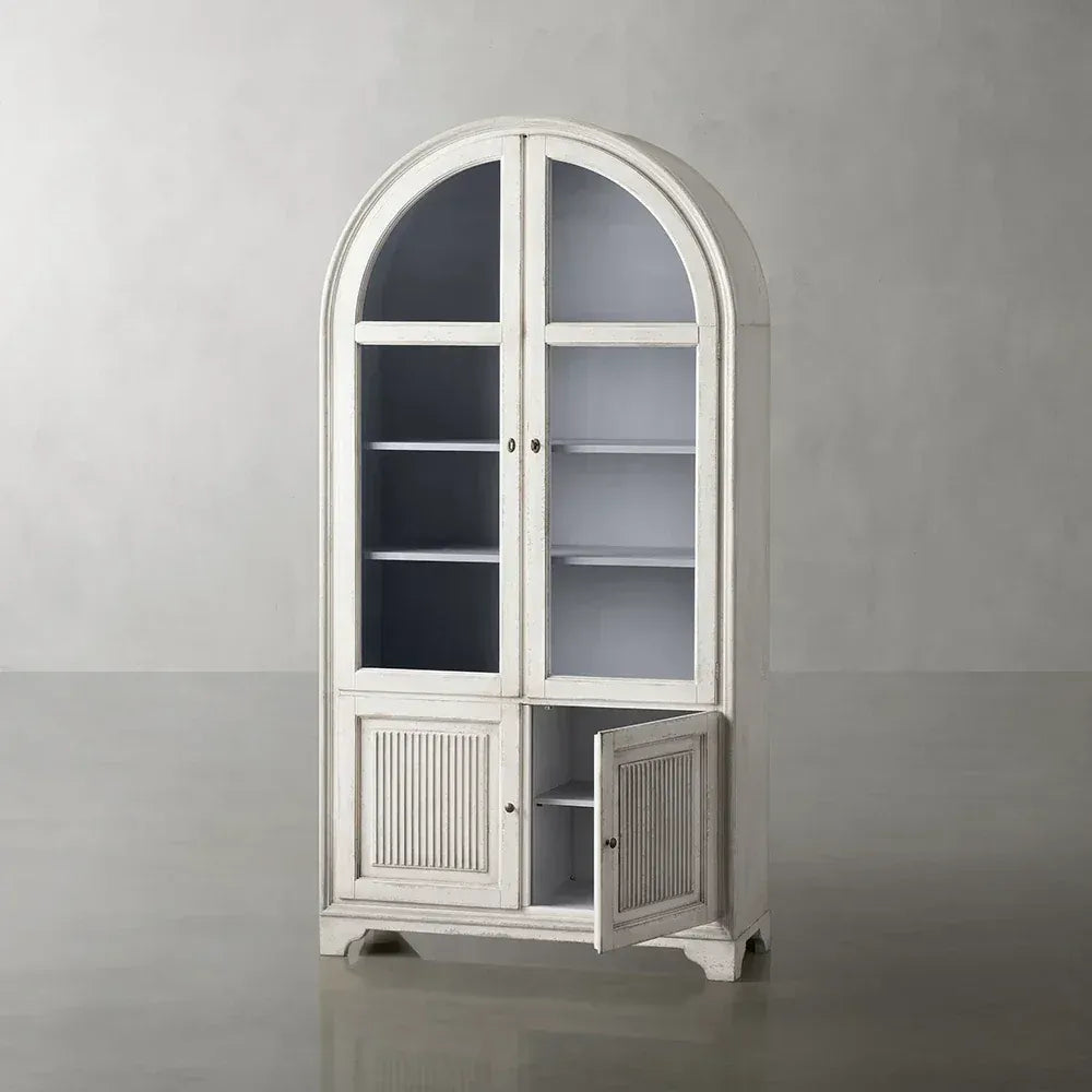 Vitrine haute Giotto à portes vitrées, buffet de salle à manger ancien en bois, bibliothèque ancienne